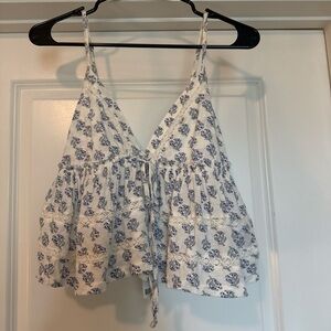 Urban Outfitters White Crop Tank with Blue Floral Print